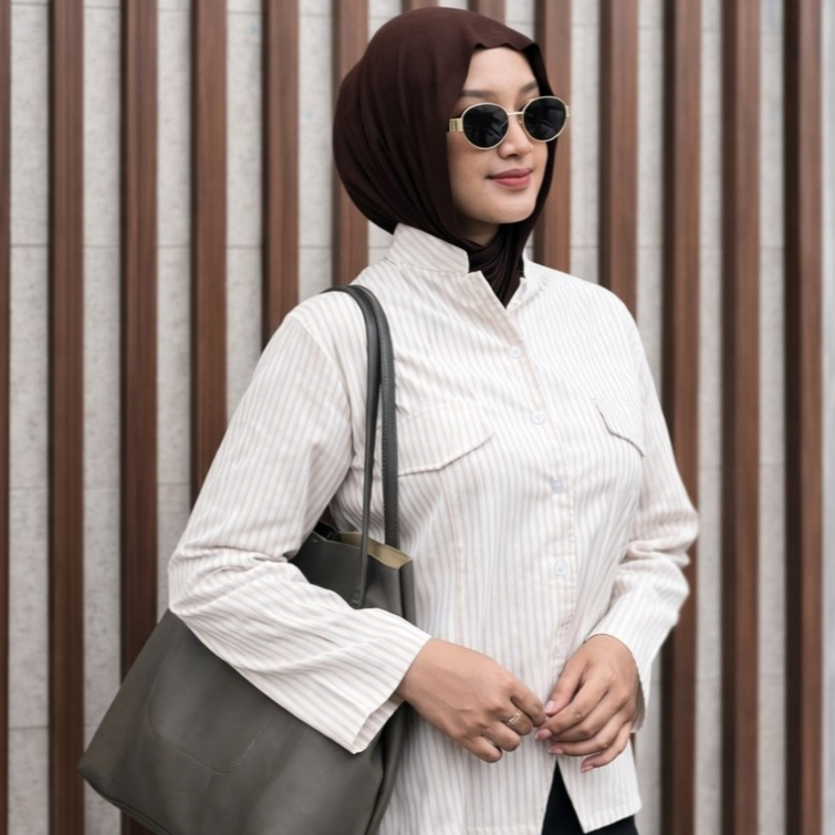 Kemeja Wanita Garis Strip Lengan Panjang | Baju Kerja Dan Casual | Blouse Wanita Ada Tali Pinggang
