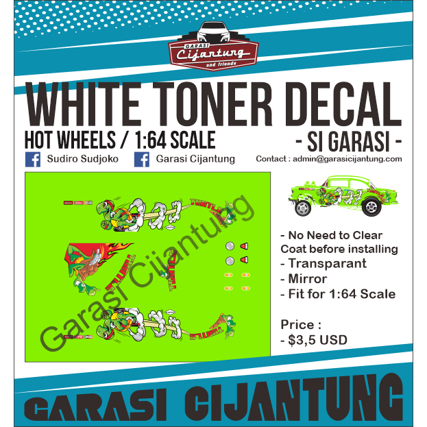 [White Toner] decal Hot Wheels 55 Chevy Bel Air Gasser tema Turtle Speed