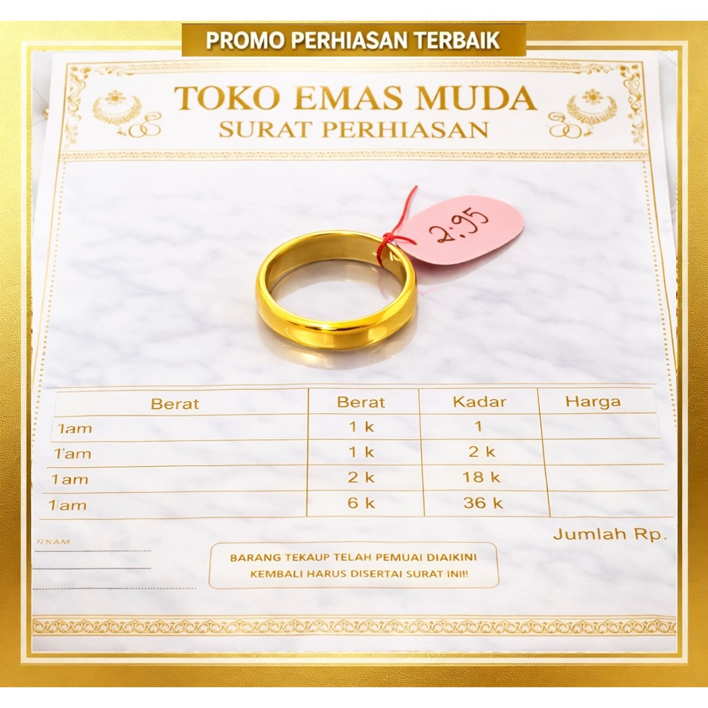 Cincin Polos Premium Berlapis Emas Muda Mewah Elegan Perhiasan Fashion Wanita Dapat Surat Toko