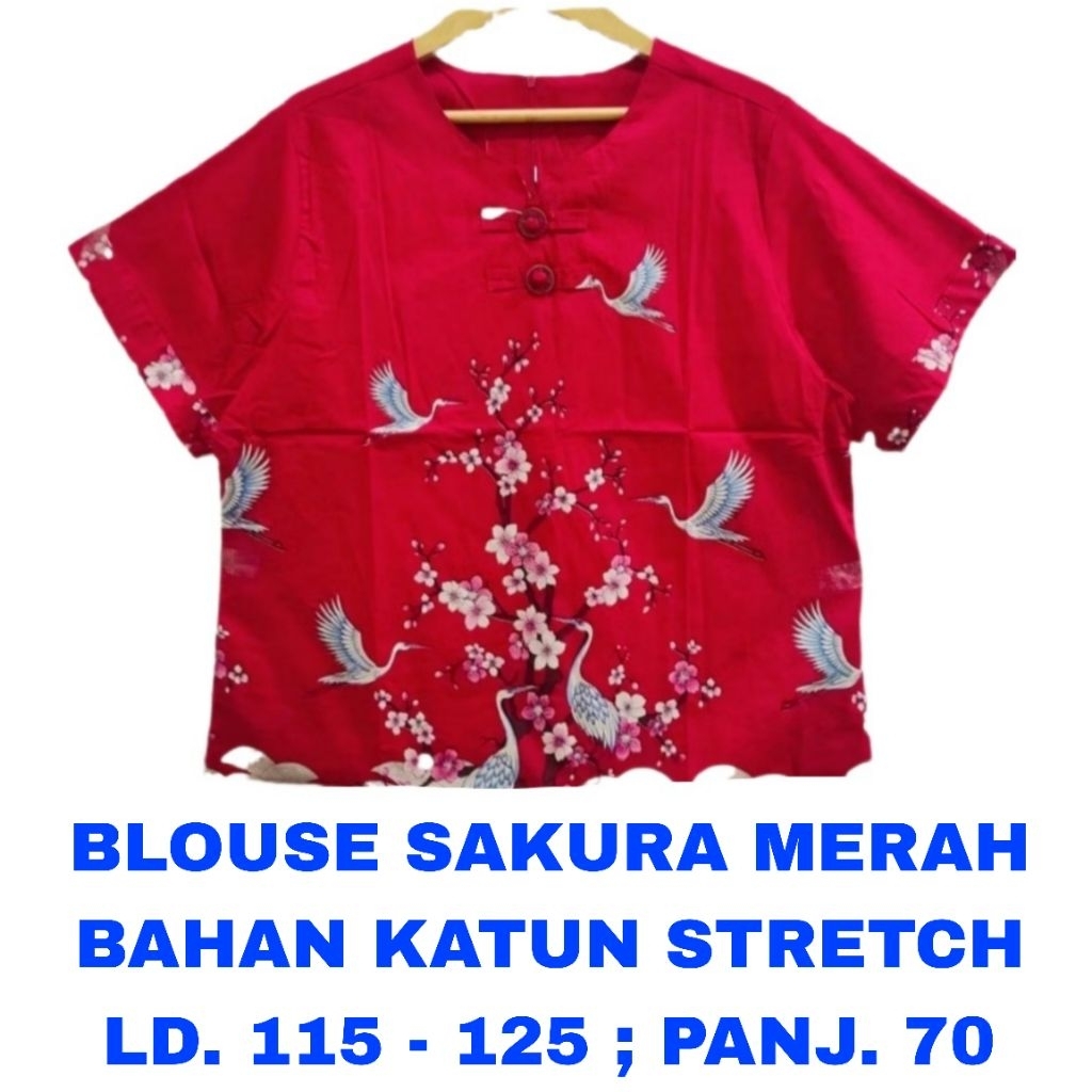 WK BLOUSE MERAH CHEONGSAM MOTIF SAKURA WANITA BIG SIZE JUMBO LD. 110 LD 120 LD. 125 BAJU ATASAN IMLE