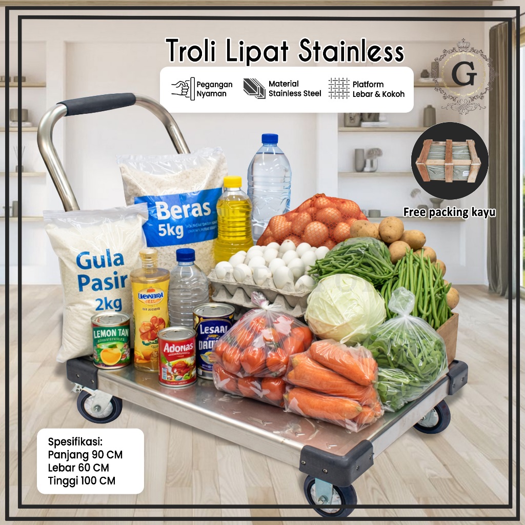 [Include Packing Kayu] Troli Dorong Barang Plat Stainless Tebal High Quality MBG | Loading Hand Trol