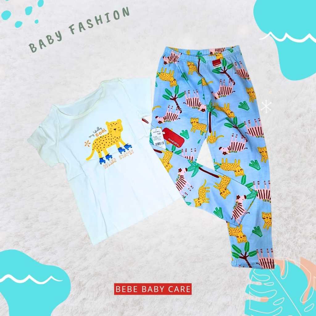 MAKUKU Set Piyama Anak Lengan Pendek Celana Panjang Motif Macan | Baju Tidur Anak 95% Katun Adem Lem