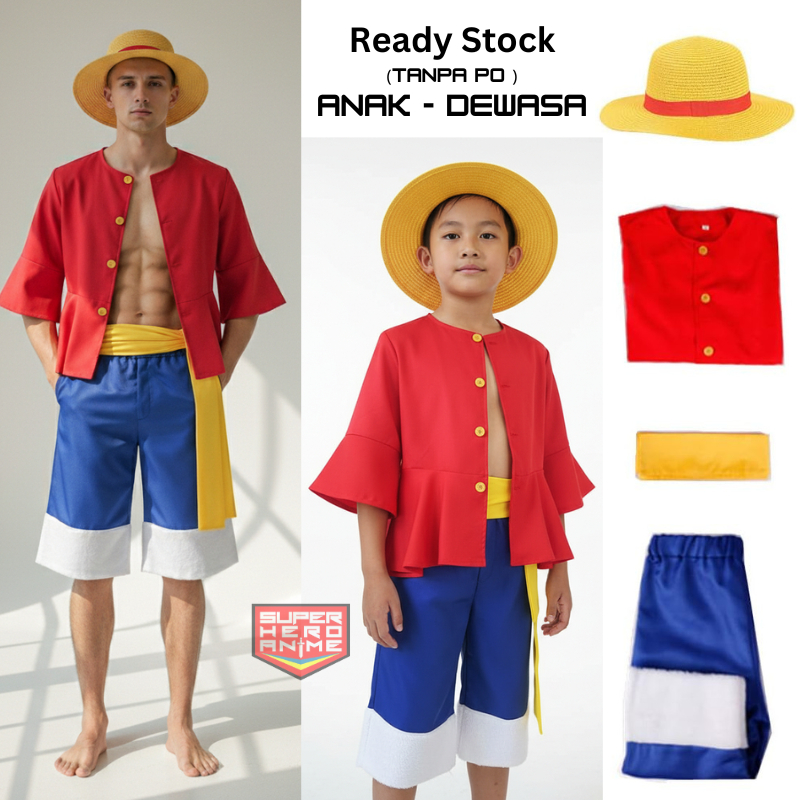 Kostum One Piece Monkey D Luffy Pria Dewasa Topi Jerami  Baju Cosplay Anime Anak Costume Bajak Laut 