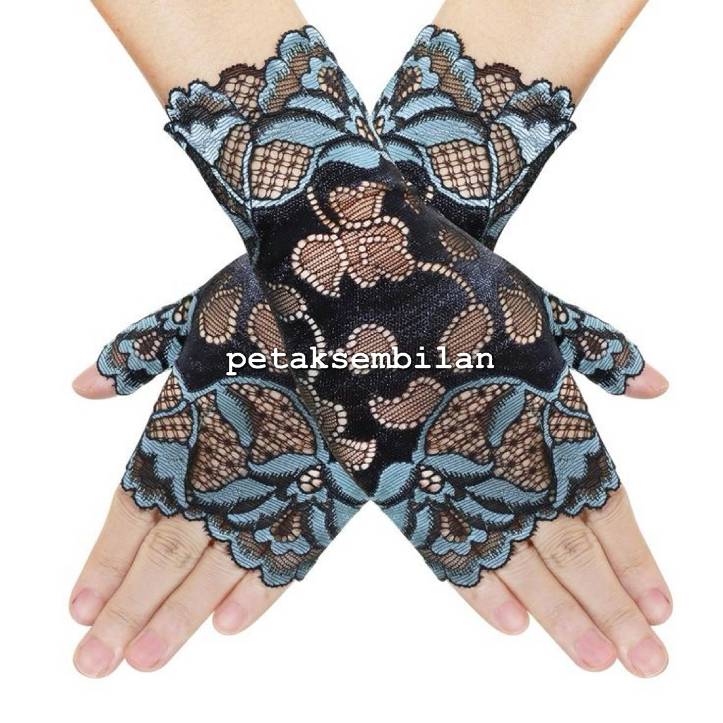 Sarung Tangan Wanita Pesta Pengantin Renda Brukat Jari Terbuka Type 01 Flower Gloves Bunga Biru Mera