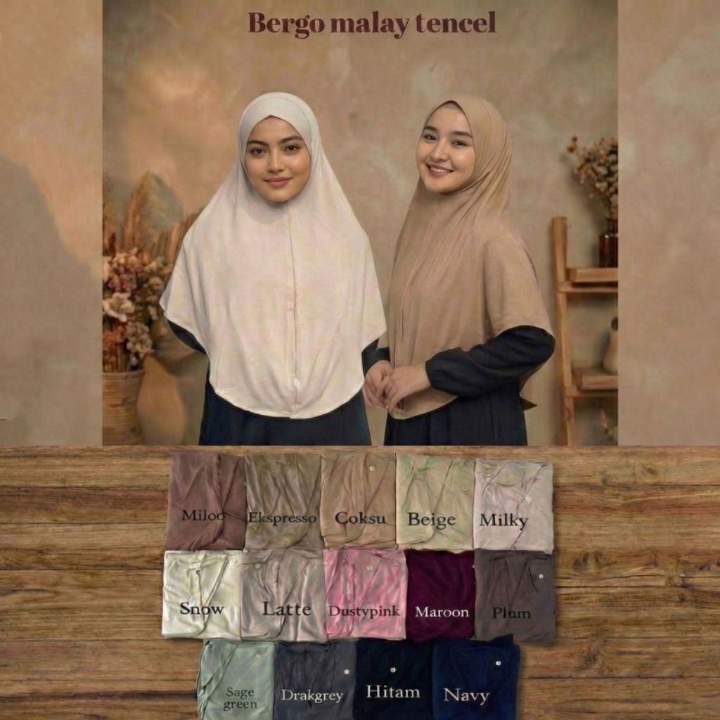 Jilbab Instan Bergo Malay Rayon Tencel Hijab Harian Pakaian Muslim Wanita Warna Hitam Beige
