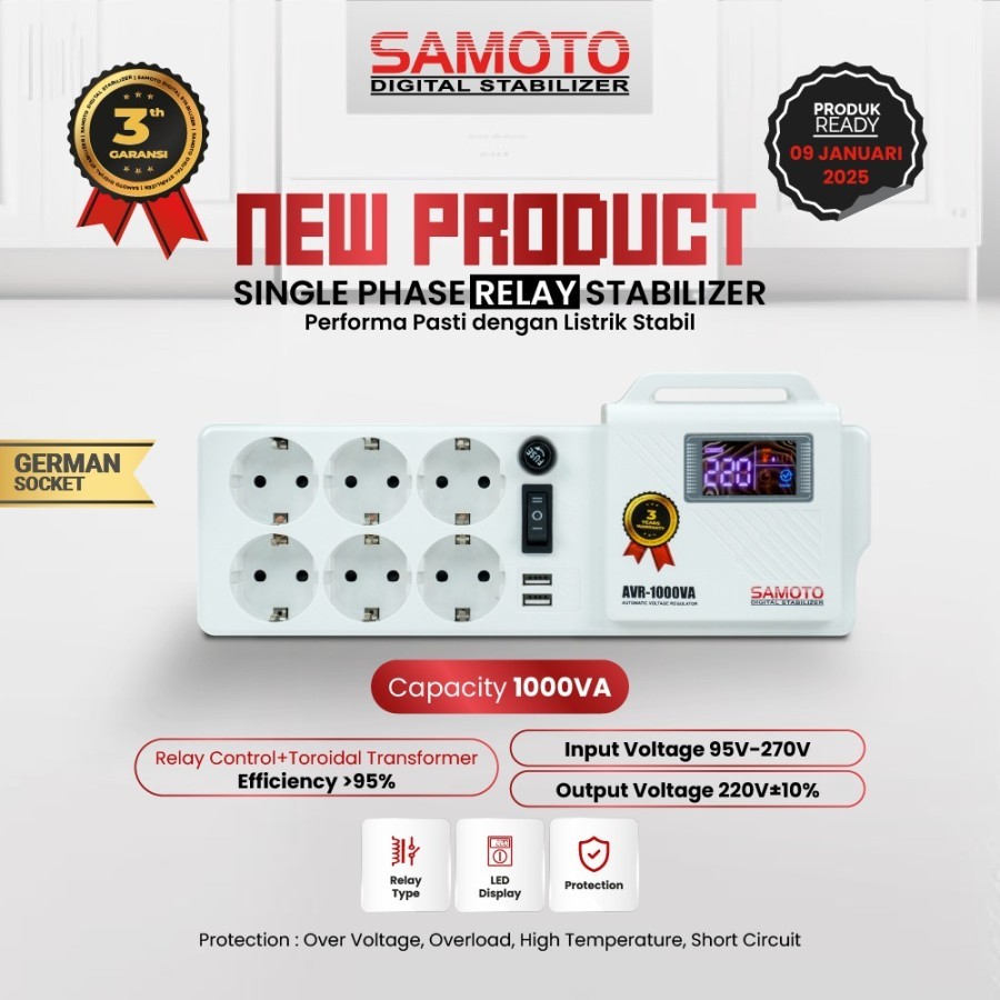 PALET KAYU. GERMAN SOCKET Stabilizer Samoto AVR1000GP PUTIH Relay 1000VA 800W Garansi 1 Tahun