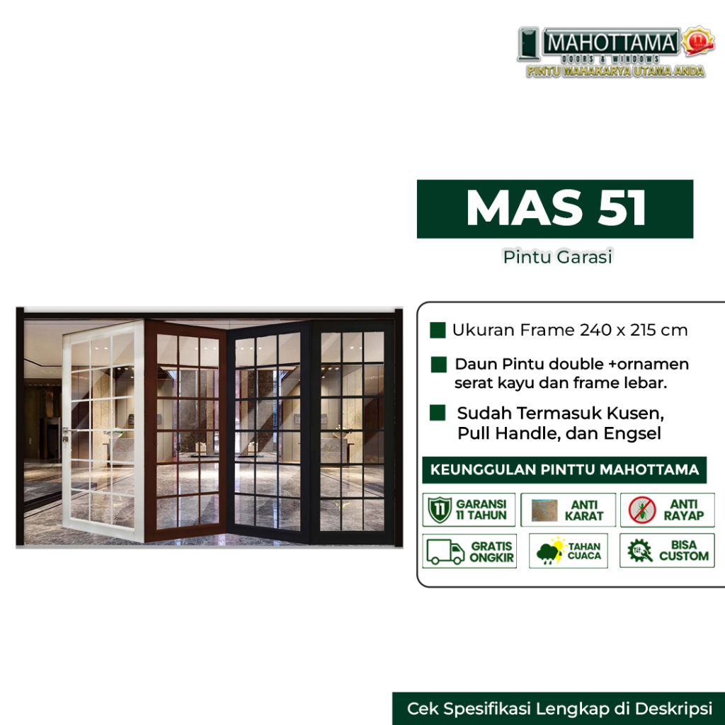 MAHOTTAMA MAS51 -  Pintu Lipat Aluminium Kaca 4 Daun 240 x 215 Pintu Rumah Utama Bisa Custom Ukuran