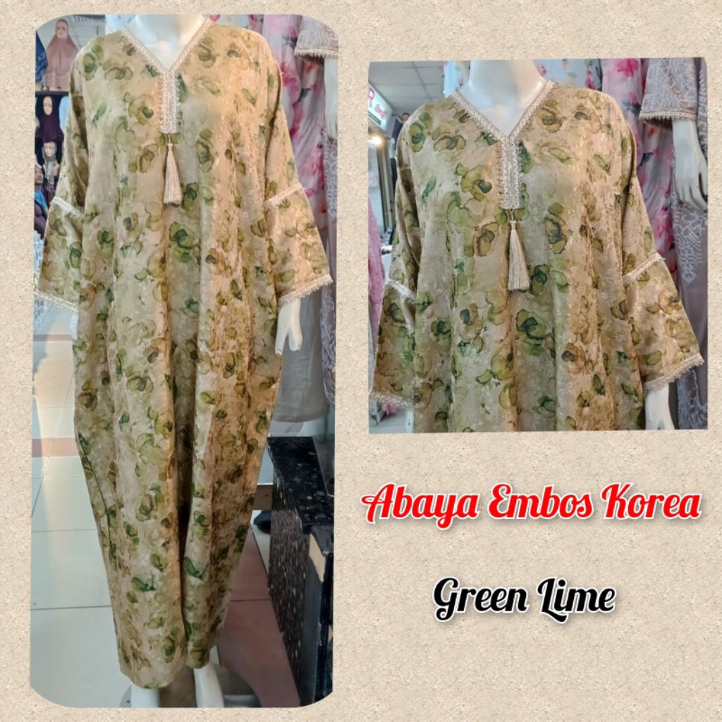 Abaya Korea Embos Katun Kombinasi Renda Cantik Gamis Lebaran Elegan
