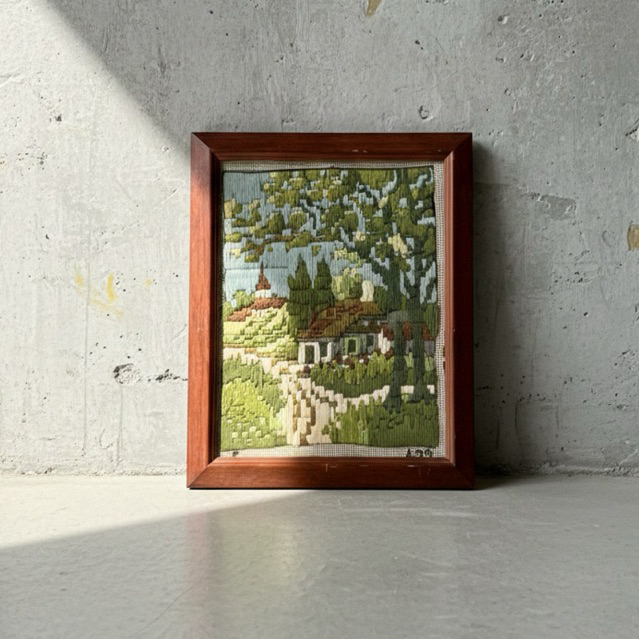 Vintage Kristik Needlepoint Eropa 1970s – Lukisan Bordir Tangan Pedesaan