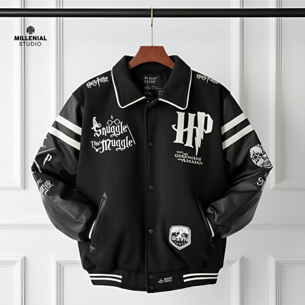 Varsity Jacket HOGWARTS HARRY POTTERS Black | Jaket Baseball Monochrom Varsity Bordir Ori Blackseven
