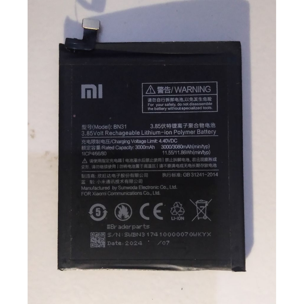 Baterai Bn31 untuk hp Redmi note 5a original copotan
