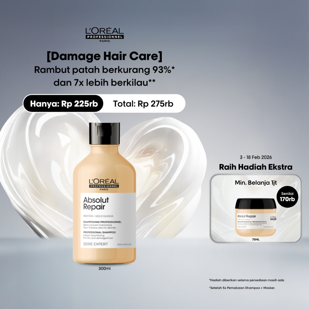 Serie Expert Absolut Repair Shampoo 300 ml Untuk Rambut Rusak & Rambut Lebih Berkilau by L'Oreal Pro