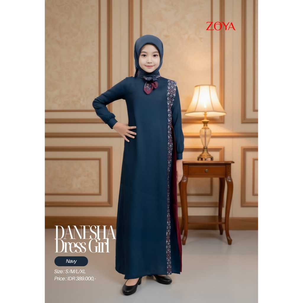 ZOYA Danesha Girl Dress Navy - Baju Gamis Dress Anak Muslim Wanita Wudhu Friendly Bahan Poly Texture