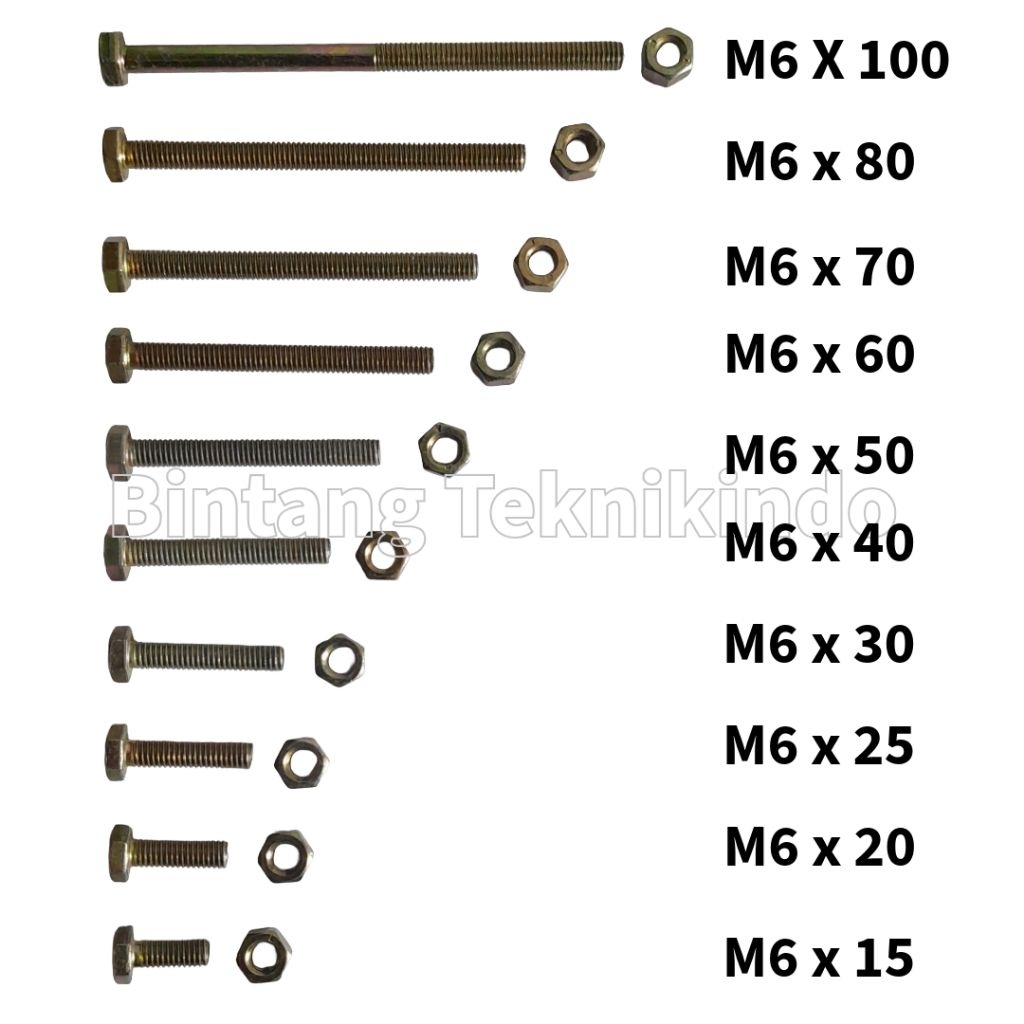 Baut Mur Kuning M6 x 70 / BMK M6x70 / 6x70 / Hex / Baut Kunci 10