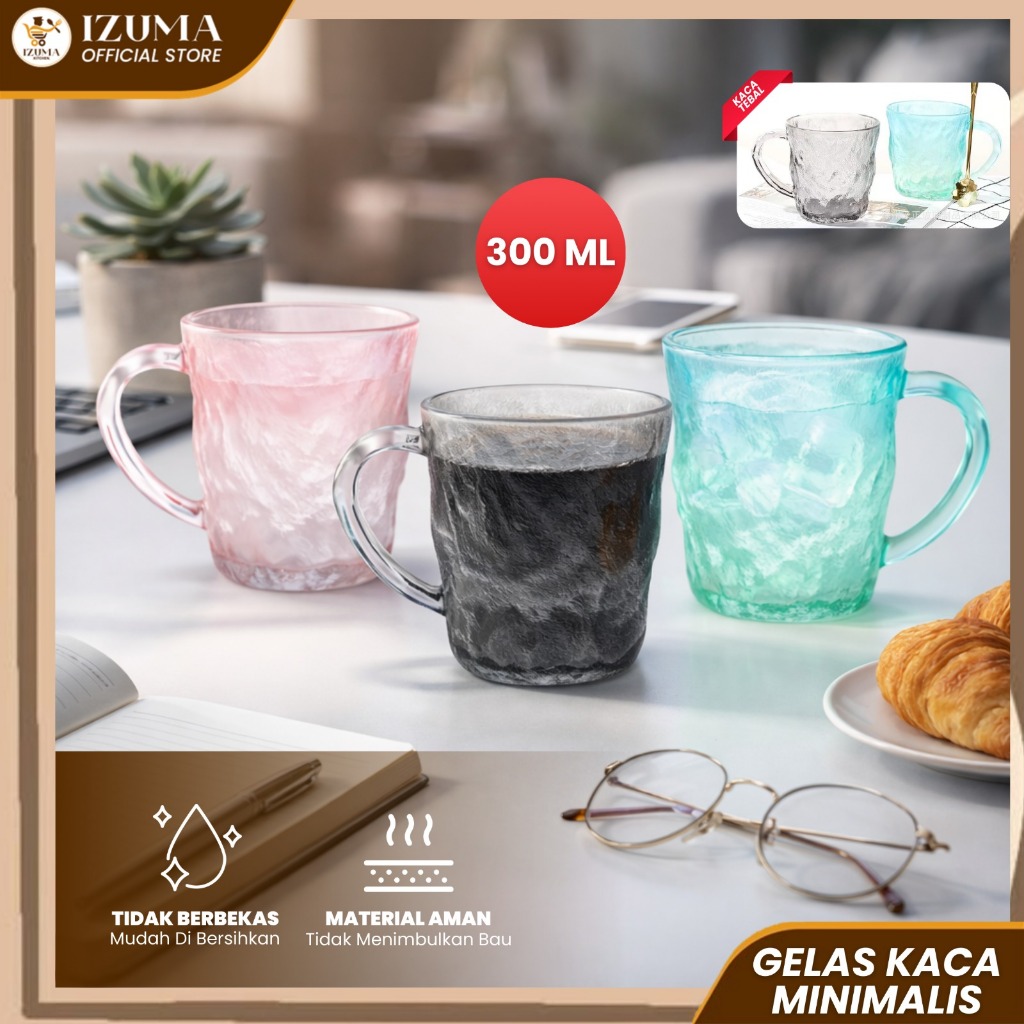 IZUMA Gelas Kaca Minimalis 300 ml | Mug Kaca Tekstur Aesthetic | Tahan Panas | Tinggi 8 cm