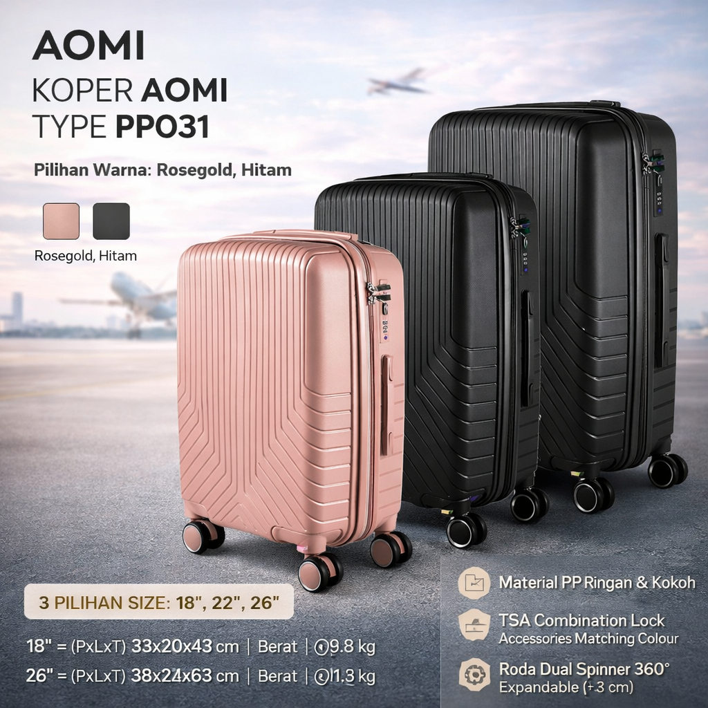 Koper Kabin & Bagasi 18–26 Inch – PP TSA Ringan, Anti Pecah, Roda 360° | AOMI PP031