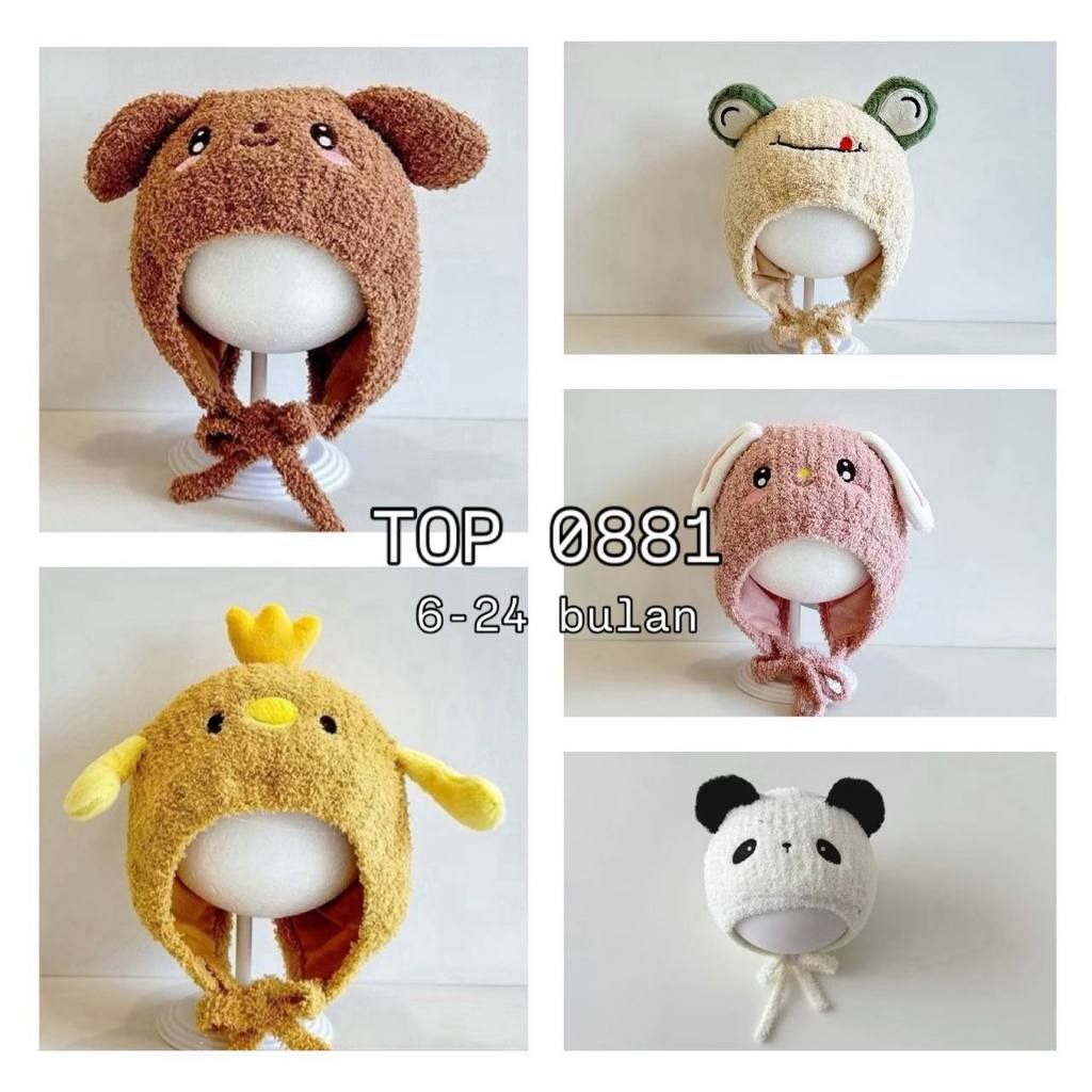 TOP 0881 - TOPI RAJUT IMPORT ANAK 6-24 BULAN BULU DOMBA MIX MOTIF ANIMAL TALI IKAT