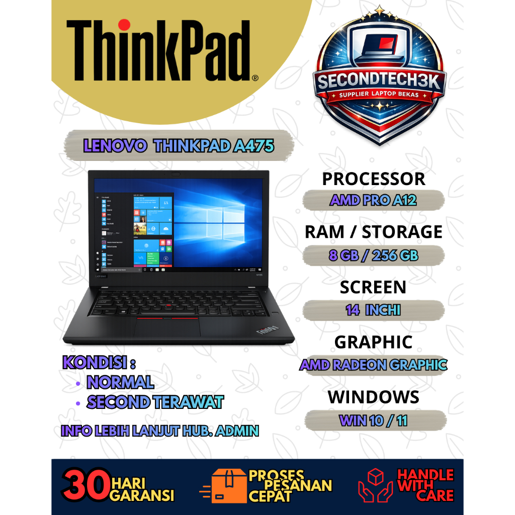 PROMO RAMDHAN 2026 | Laptop Lenovo ThinkPad A475 / A 275 AMD Pro A10 / Pro A12 | RAM 8GB SSD 256GB |