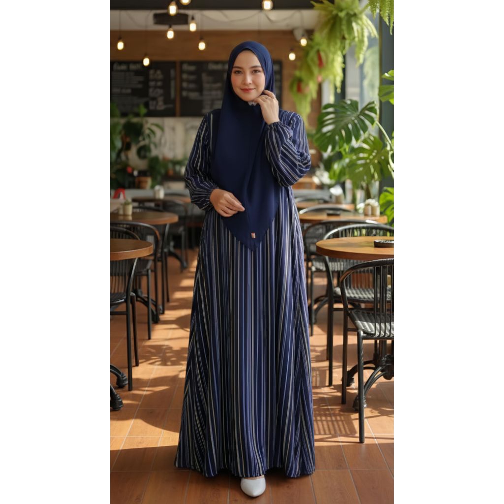 GAMIS STRIPE NAVY BY ZAFEETRI (GAMIS SAJA) // GAMIS SYARI CERUTTY MOTIF STRIPE