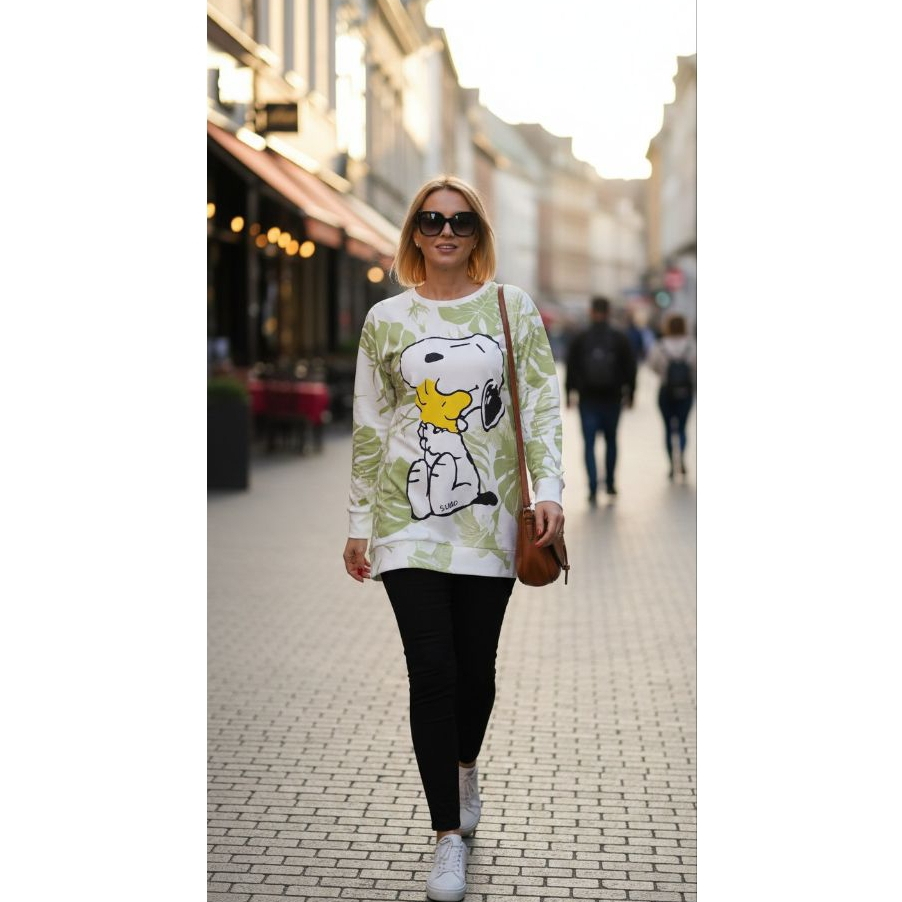 CHLstore Kaos Hoodie  Lengan Panjang Wanita Motif Daun Tropis Hijau Putih