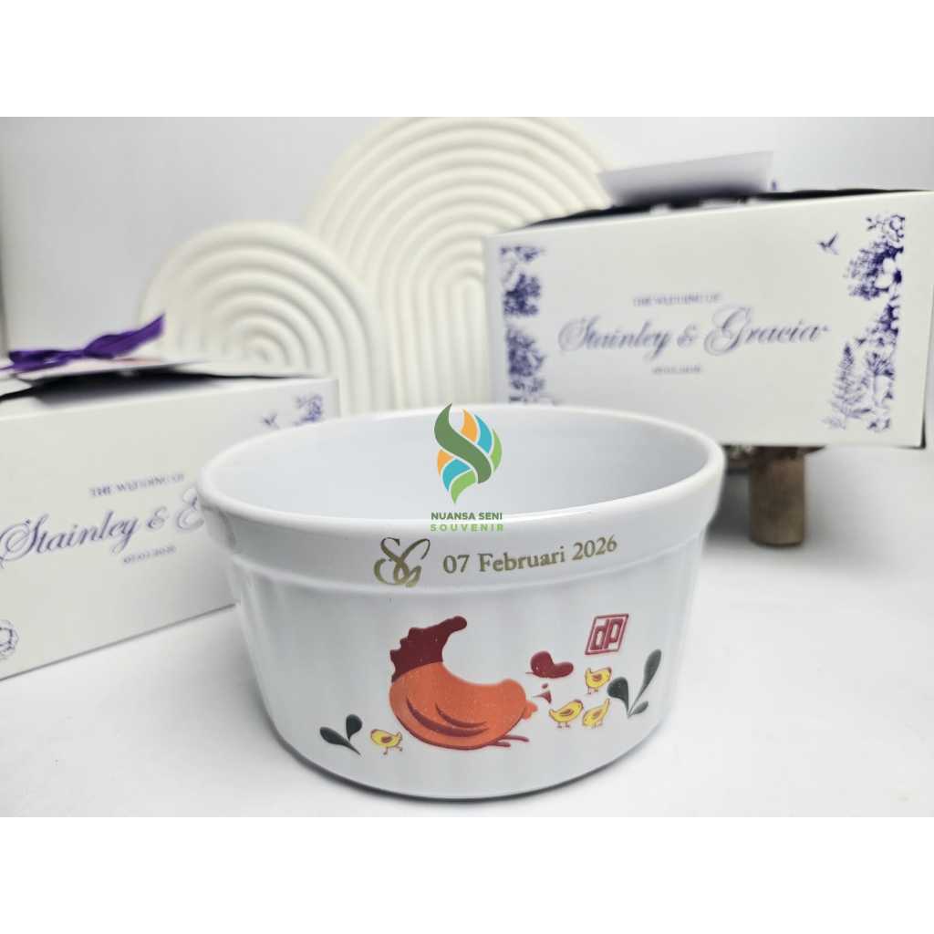 Souvenir Mangkok Mie Ayam Ramekin Mangkuk Ulir Ayam Jago Jumbo Mangkok Saji Keramik Sablon