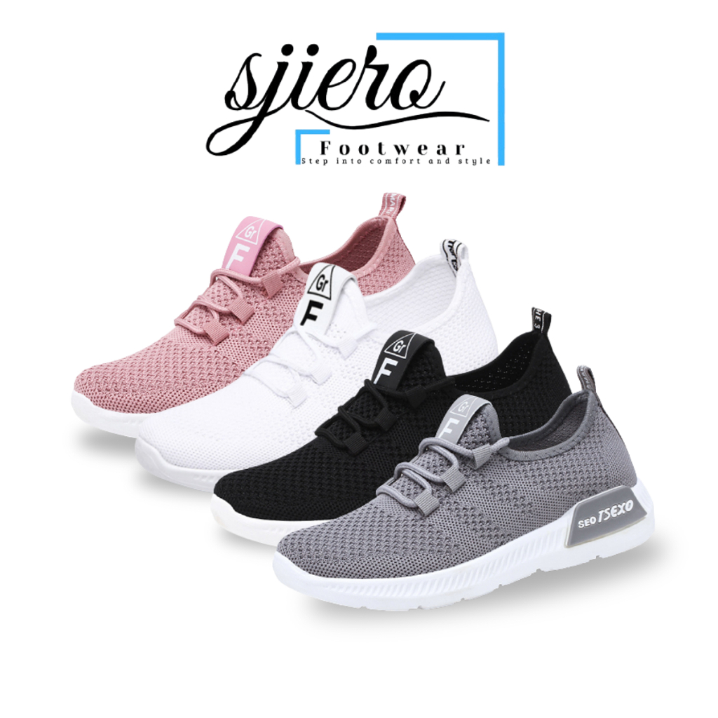 Sepatu sneakers wanita SK H5 fashion sport shoes olahraga bahan rajut warna hitam putih abu pink