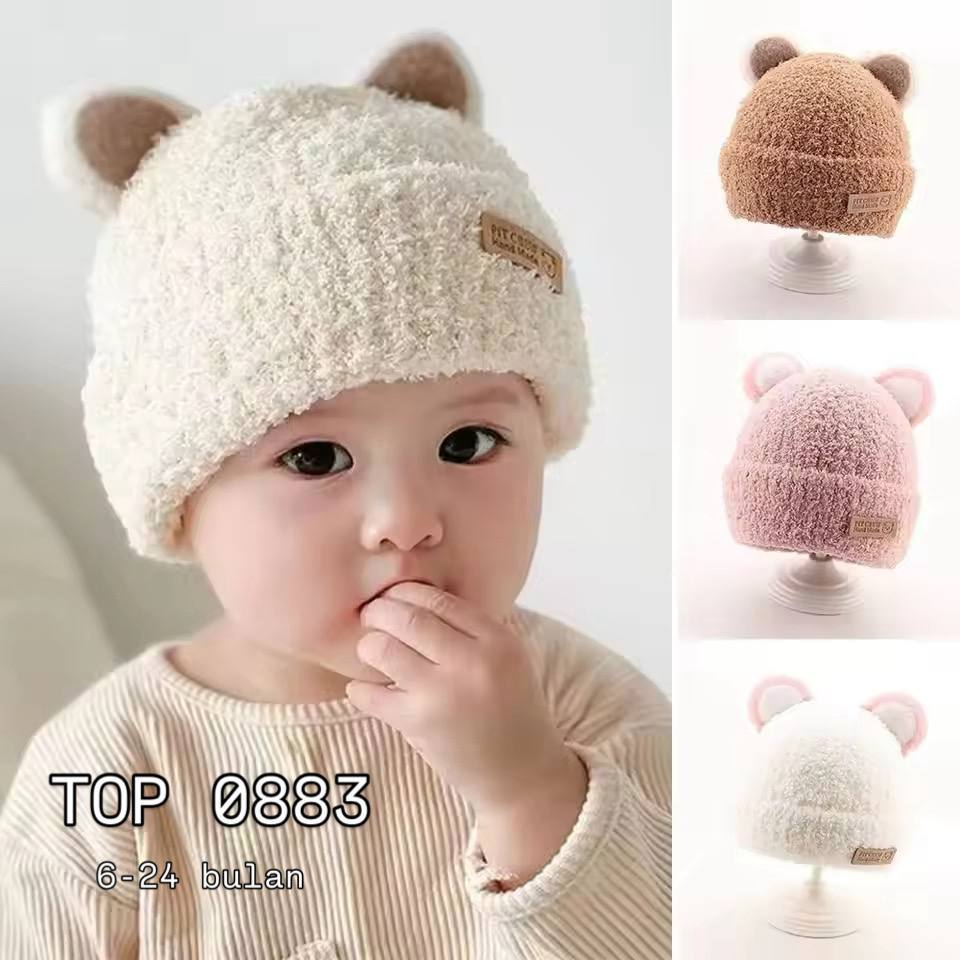 TOP 0883 - TOPI RAJUT IMPORT ANAK 6-24 BULAN BULU DOMBA KUPING CAT PIT CREW HANDMADE