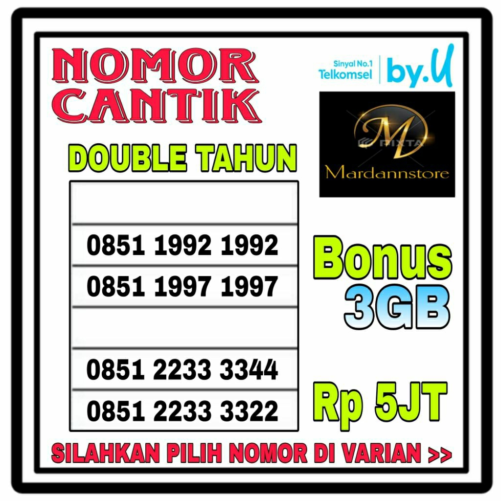 Kartu perdana nomor cantik by.U double tahun kuota 3GB
