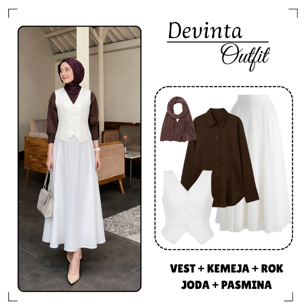 Outfit Set Simple Remaja Wanita Kekinian 4in1 Set Hijab (Vest+Kemeja+Rok Joda Payung+Pasmina) Setela
