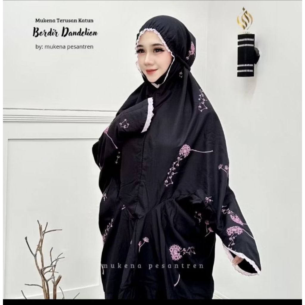Mukena terusan katun mikro Mukena hitam Mukena terusan dewasa bordir dandelion