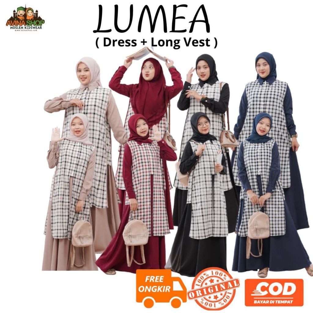Set Dress dan Vest Anak Remaja Muslimah / Gamis dan Outer kotak-kotak Couple Ibu dan Anak Usia Tangg