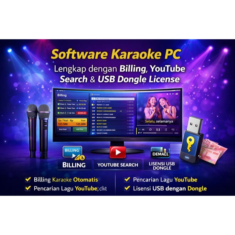 Software Karaoke PC + Billing, YouTube Search & Lisensi USB Dongle