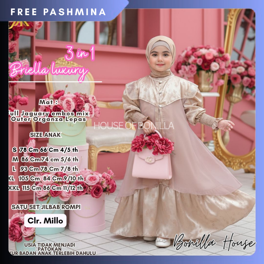 Baju Gamis Anak Perempuan Briella Kaftan Anak 3-12 Thn Seragam Pengajian Anak Perempuan Mauma Kids M