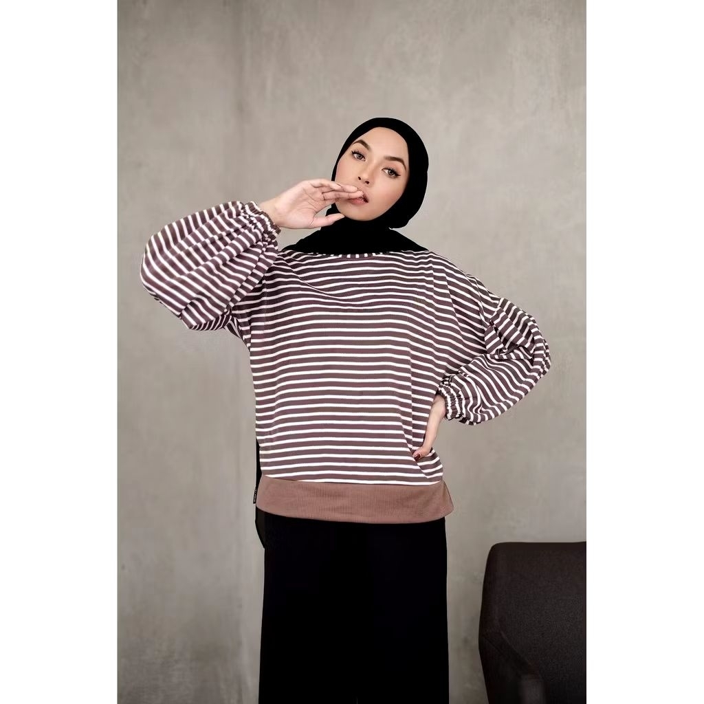 BLOUSE STRIPE LENGAN BALON/ATASAN WANITA LENGAN BALON/TOP BLOUSE LENGAN PUFF/TOP BLOUSE LENGAN BALON