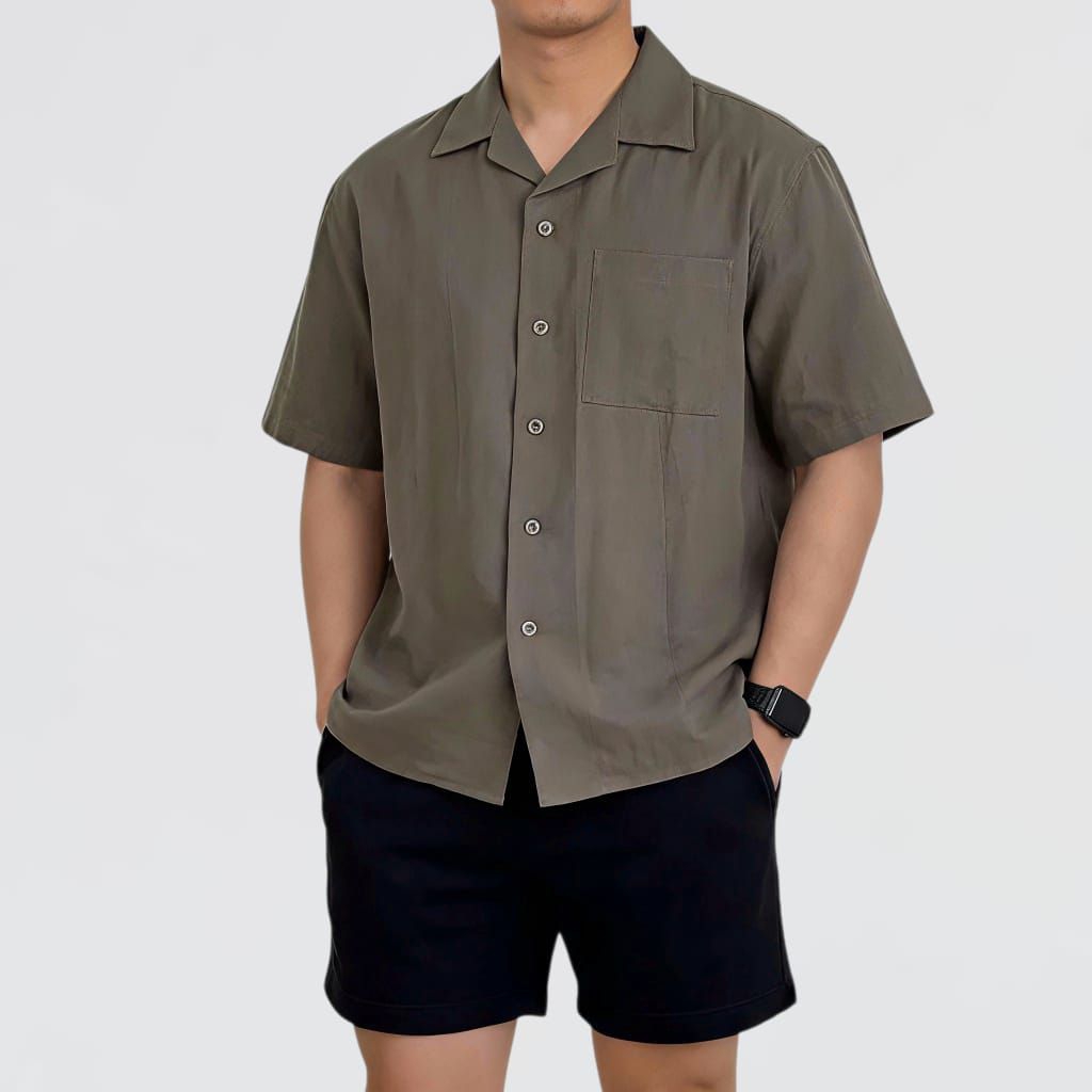 REINACLUB Cuban Bowling Boxy Oversized Linen Shirt  | Kemeja Linen Bowling Polos Pria Kerah Terbuka 
