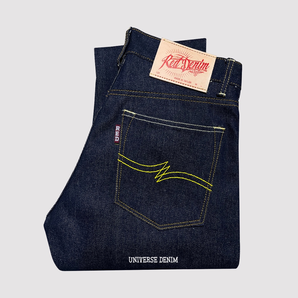 RED DENIM - Denim Black Indigo 15oz Sanforized Raw Denim Accent Selvedge Original