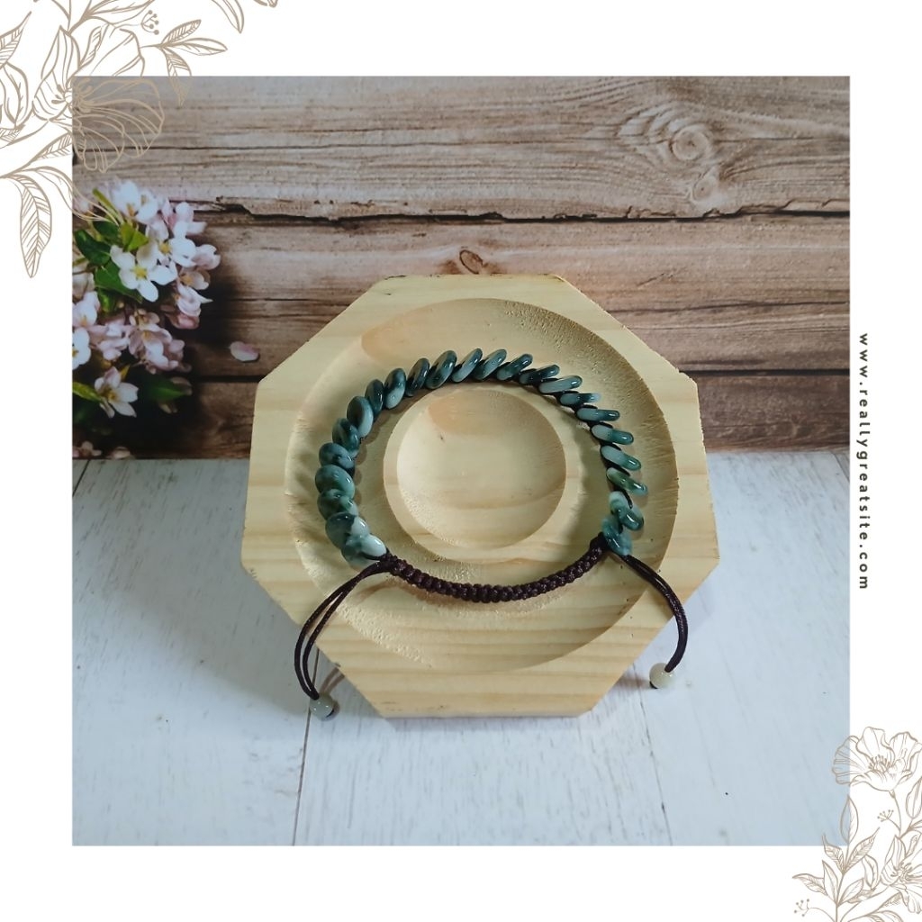 Gelang Tali Serut Koin Giok Asli Putih Corak Hijau + Sertifikat