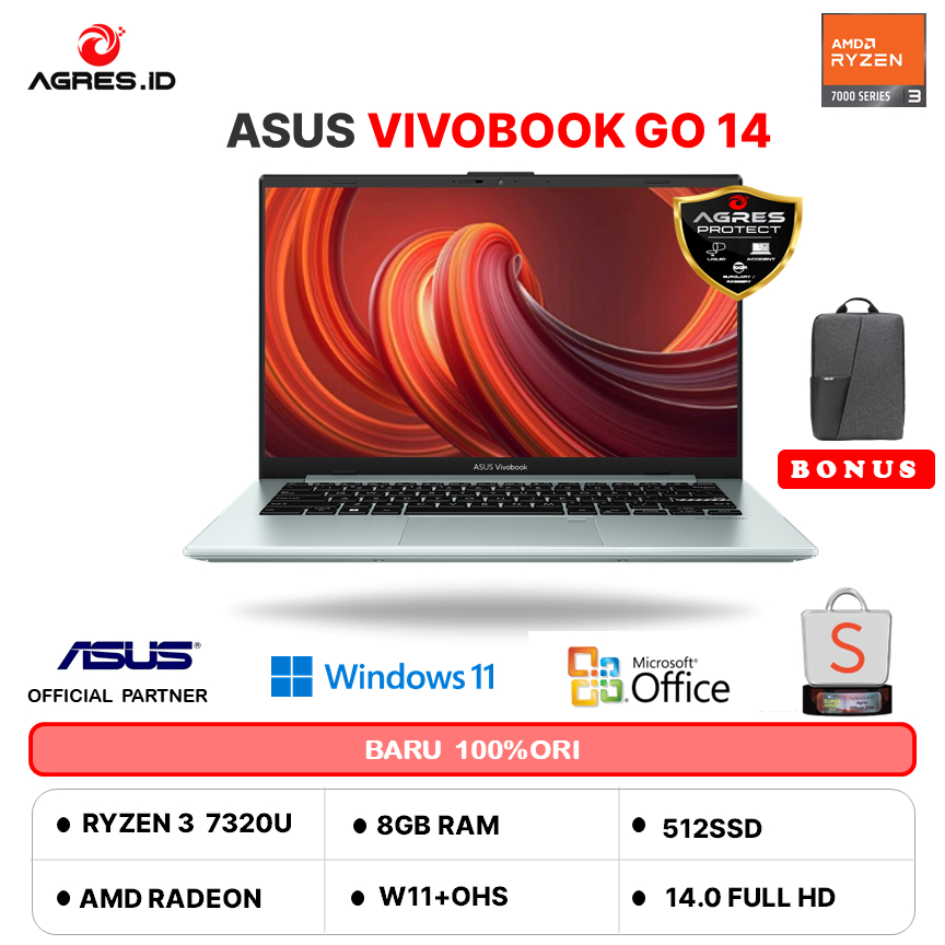 ASUS VIVOBOOK GO 14 E1404FA RYZEN 3 7320 8GB 512GB W11+OHS+O365 14.0FHD SLV -FHD323M GARANSI RESMI