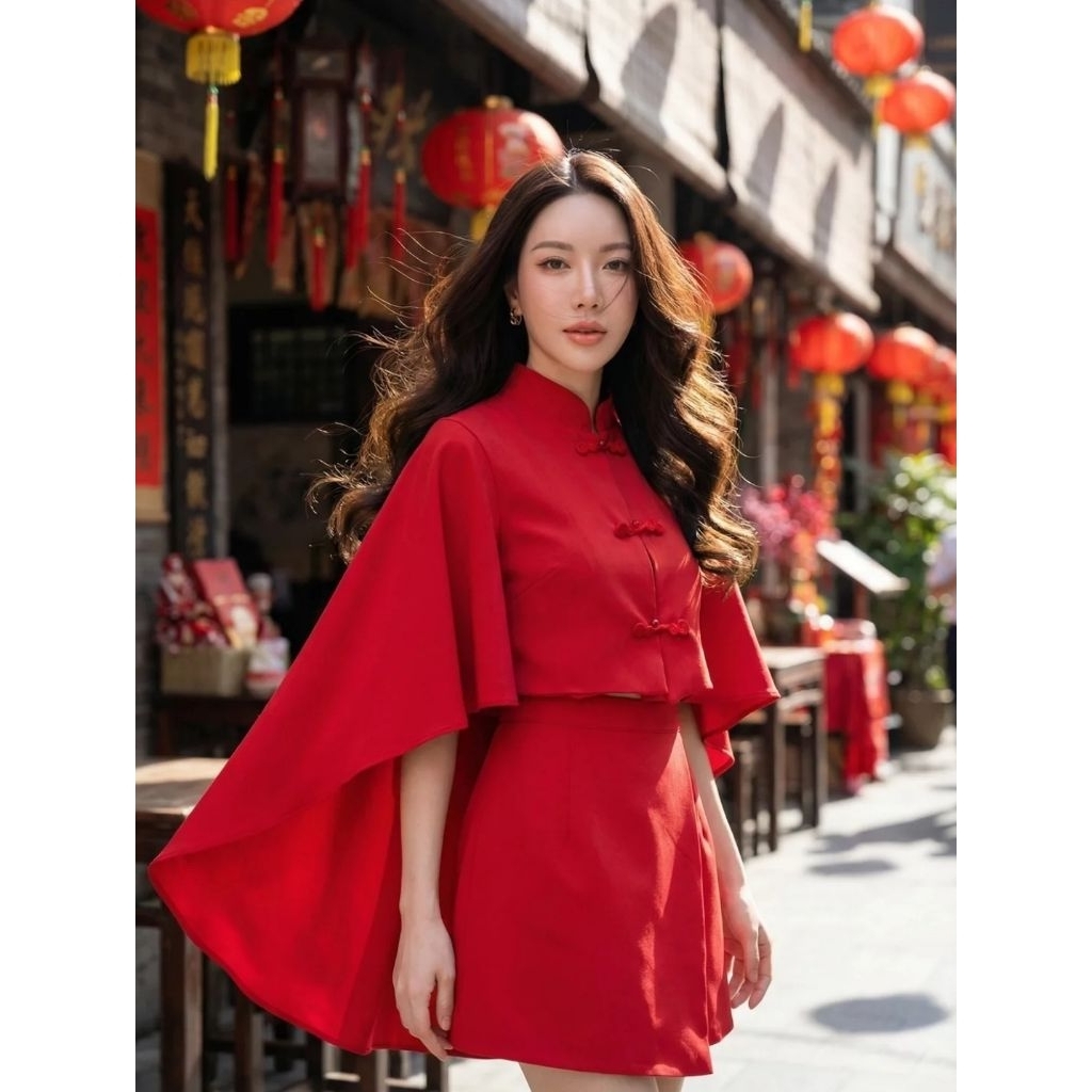 set batwing top and short cheongsam red maroon merah sister orang tua mom mama mertua parents imlek 