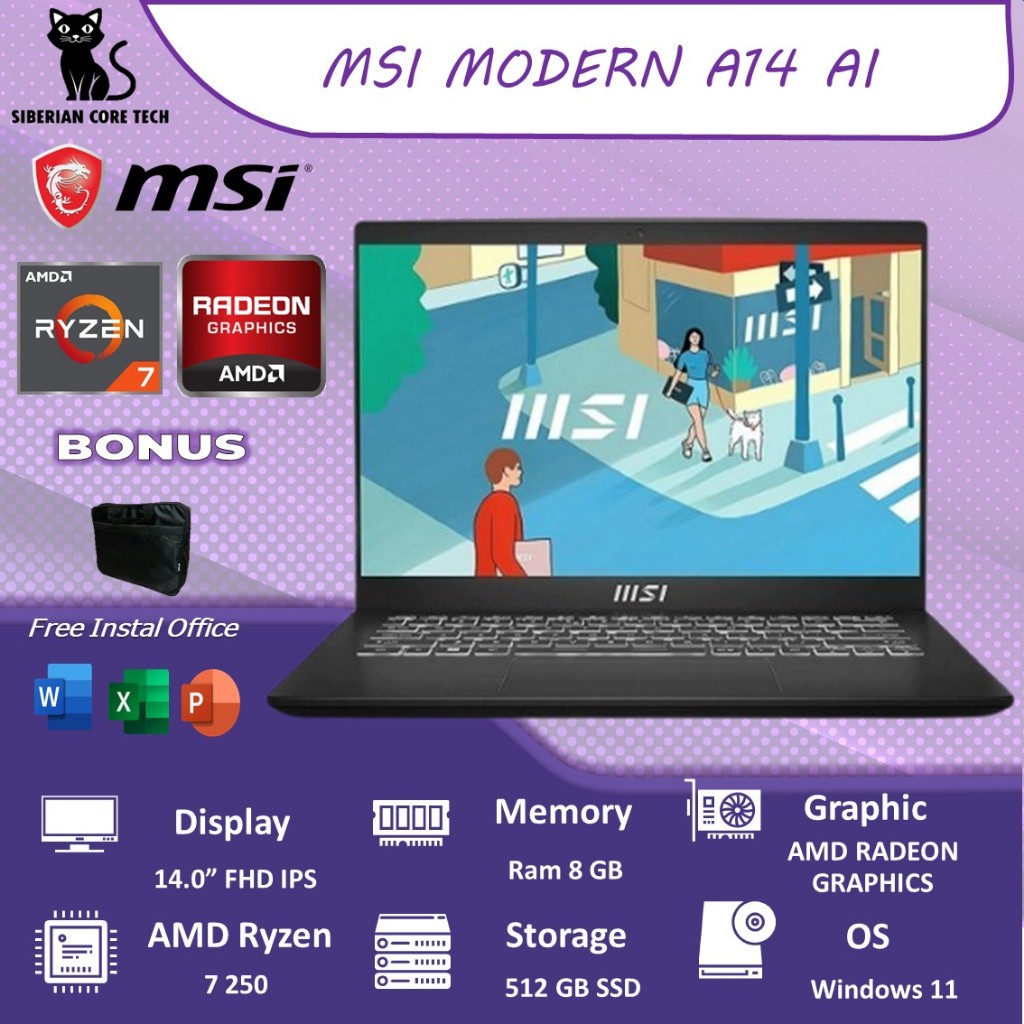 LAPTOP MSI MODERN 14 AMD RYZEN 7 7730 16GB 512SSD WIN11+OHS 14.0FHD IPS BLIT 2Y BLK