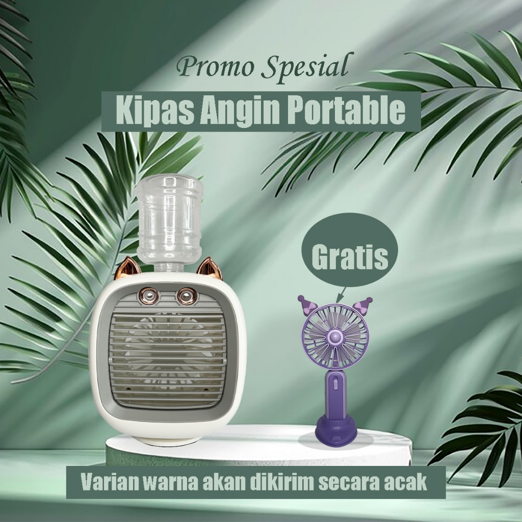 Kipas Angin Mini Portable Galon Double Spray Fan Nano Mist Rotating 3-Speed Wind Karakter Fox Lucu