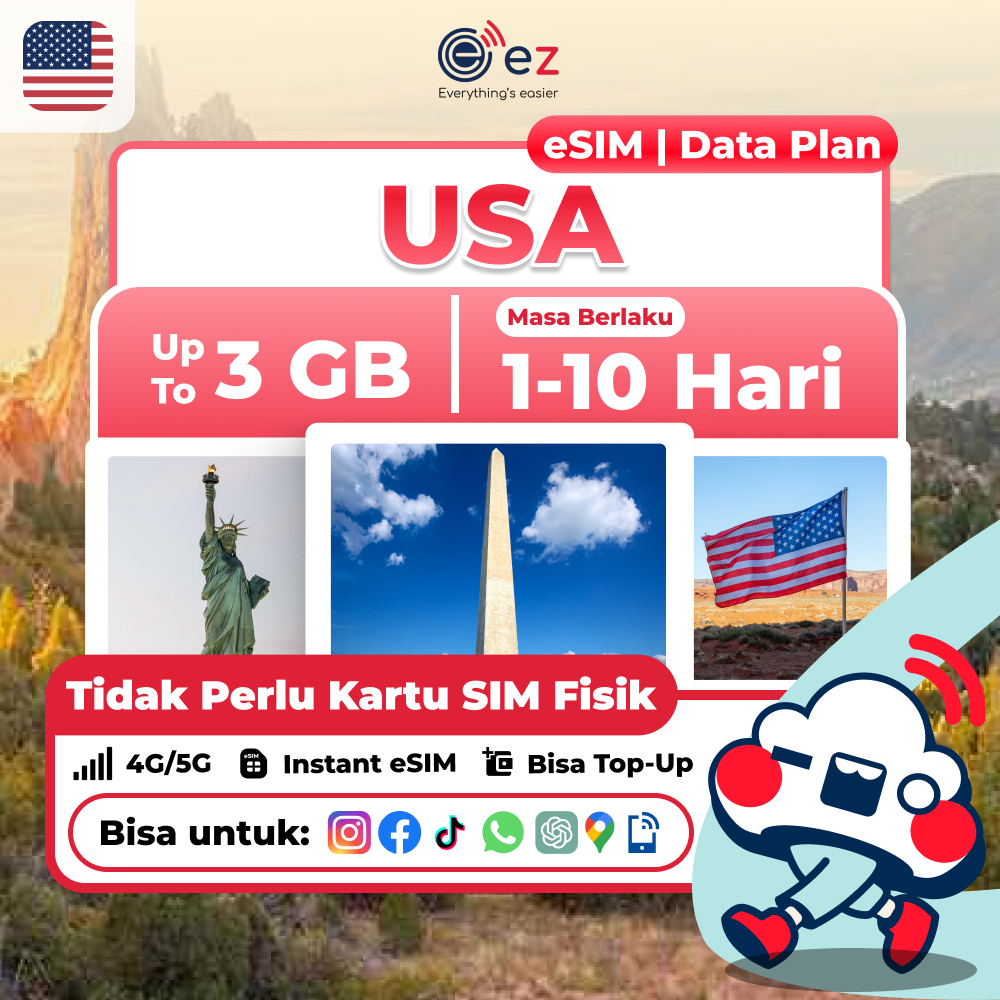 [ez] eSIM Flexi Plus USA (Amerika Serikat) | Kuota Harian hingga 3GB/Hari | 4G/5G | QR Instan Email 