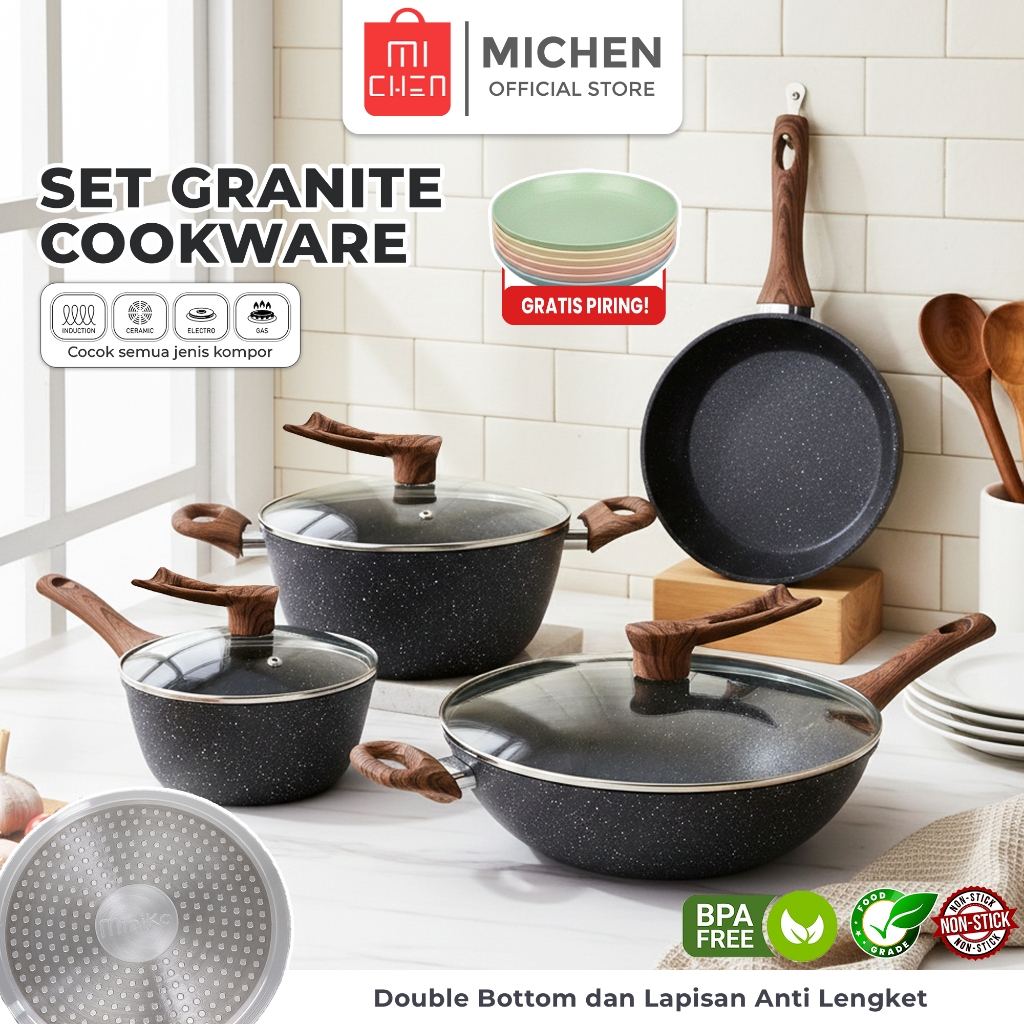 [FREE PIRING] Michen Set Panci Wajan Granit Anti Lengket Premium Tutup Kaca Cookware Set