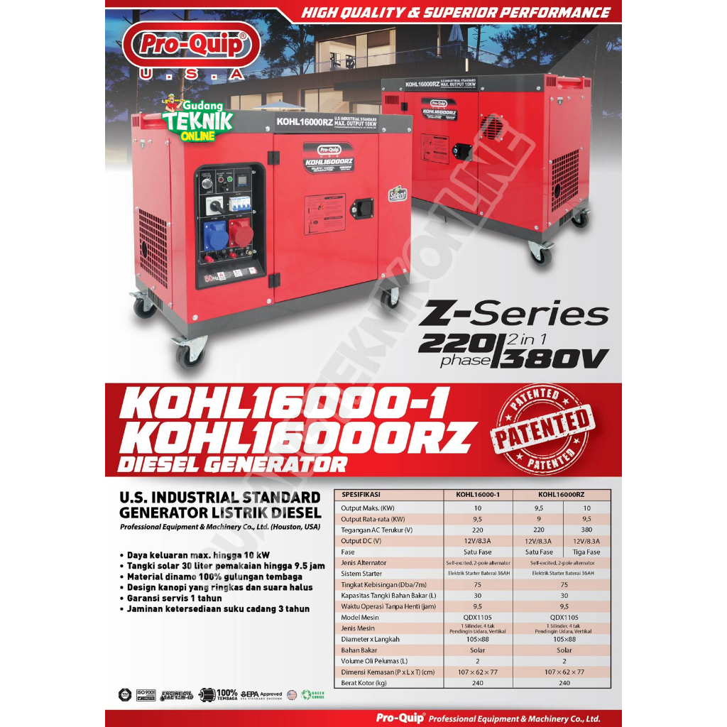 Genset Silent 12000Watt PROQUIP KOHL16000 KOHL16000RZ 220V 380V / Power Generator Diesel Solar 12KW 