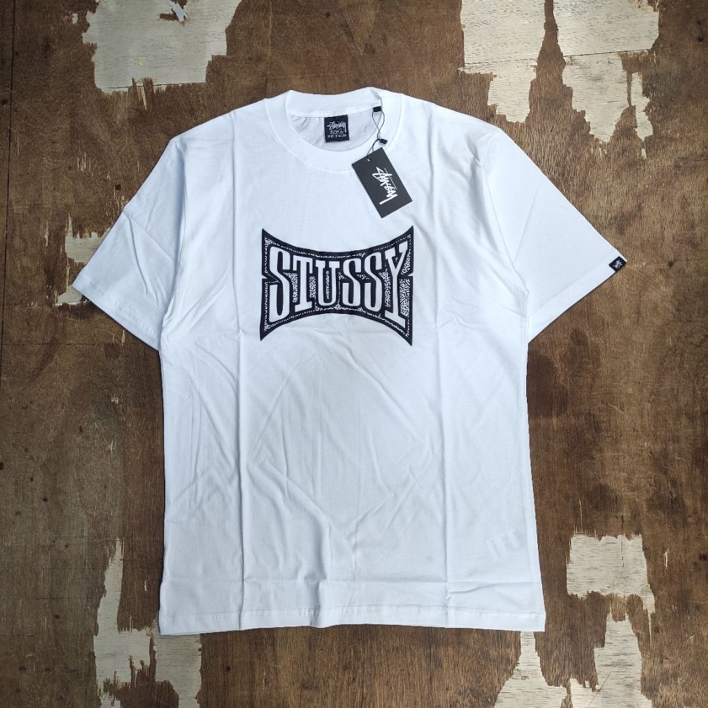 KAOS T SHIRT TEES STUSSY CHAMPION PYGMENT PRINTED WHITE BESTSELLER