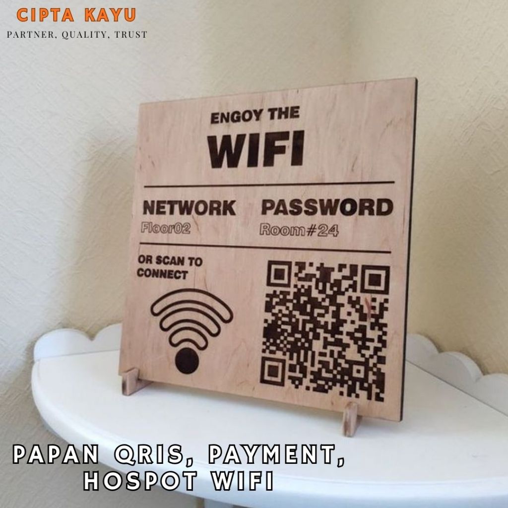 Papan Kayu Informasi WiFi Custom | Display Password WiFi + QR Code