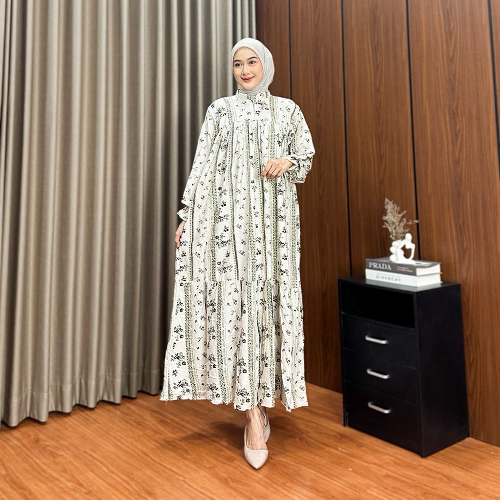 Maxi dress fatimah busui bahan rayon Ld 120 gamis rempel susun motif bunga dress lebaran terbaru bah