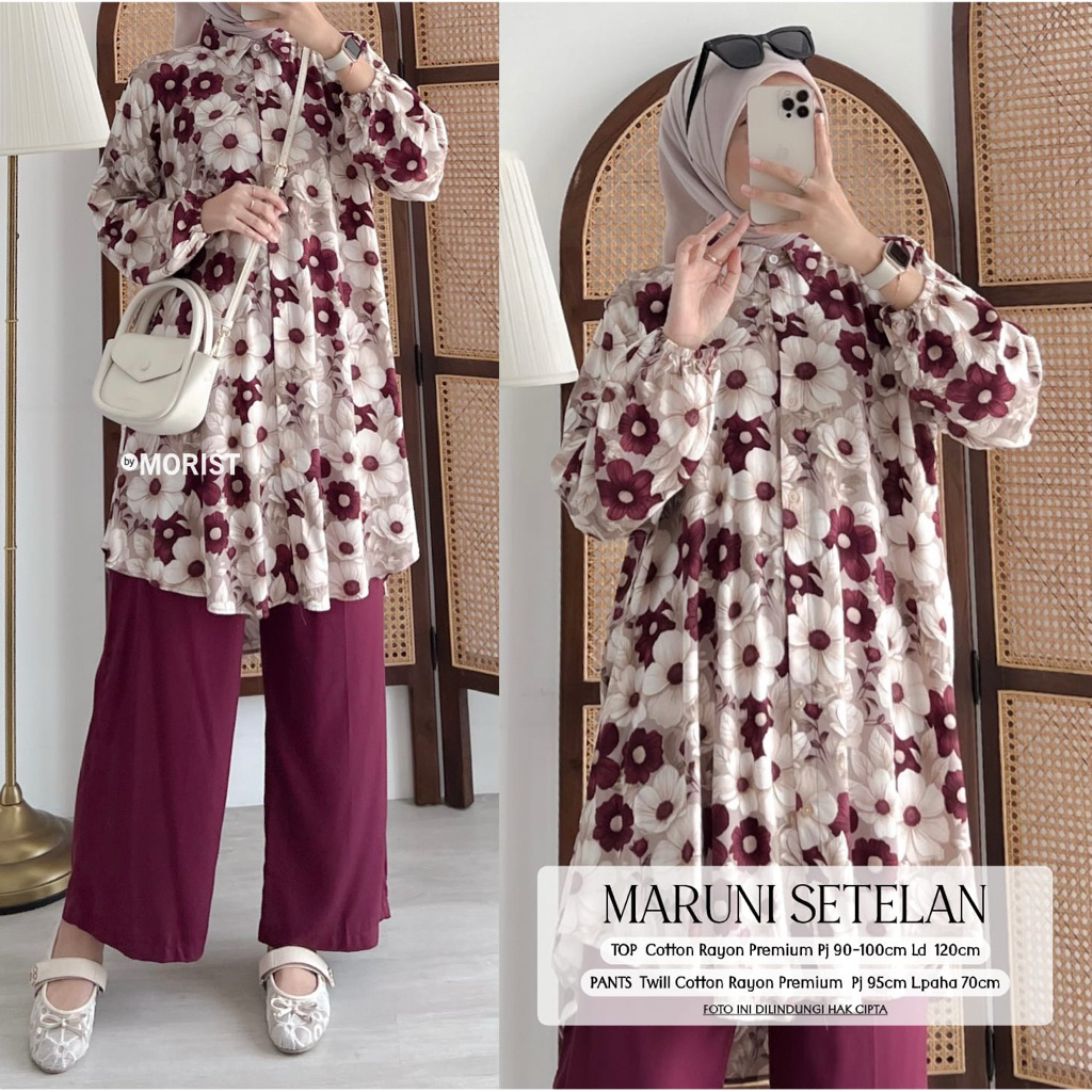 morist - ONESET SETCEL SETELAN ATASAN TUNIK MOTIF + CELANA POLOS WANITA ORIGINAL BY MORIST COTTON RA