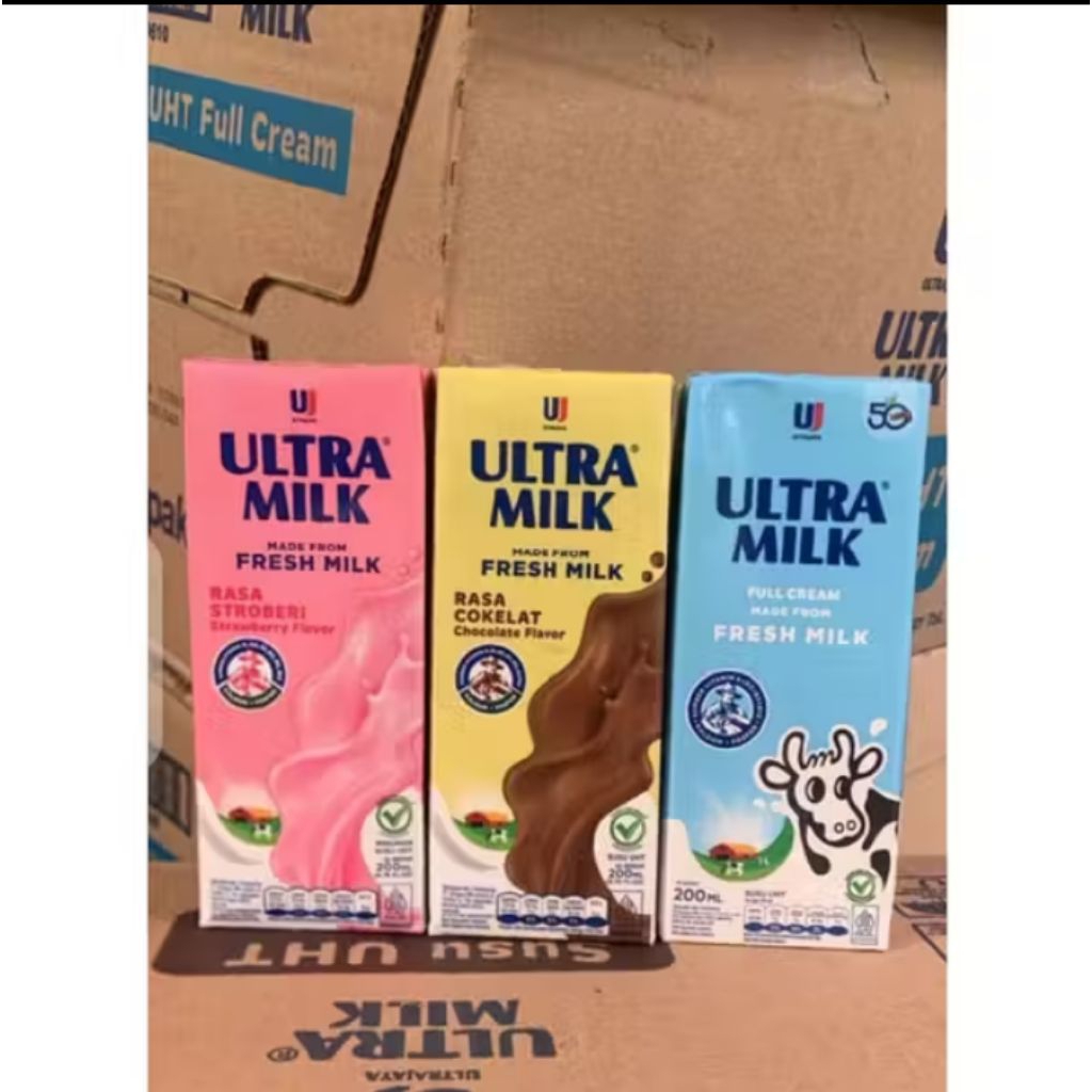 1 dus isi 24 pcs susu ultra milk 200 ml rasa coklat strawberry full cream harga murah grosir sembako