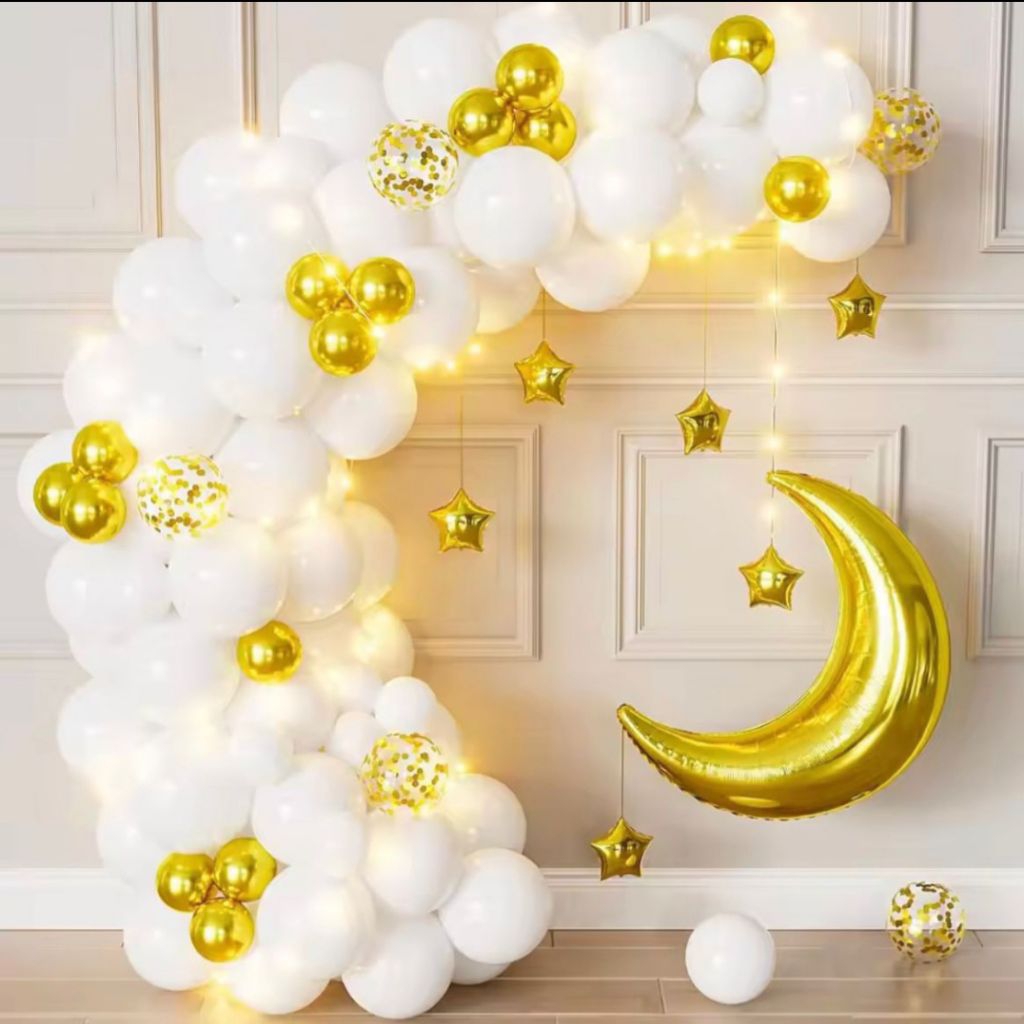 Set dekorasi balon foil bulan sabit crescent gold jumbo garland balon putih gold balon bintang bulan